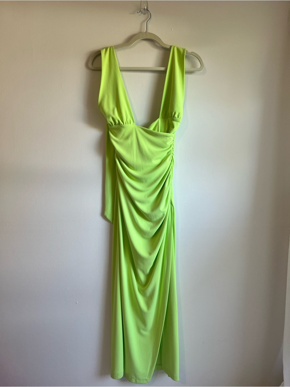 Bright Green Draped V-neck Halter Midi Dress with Slit